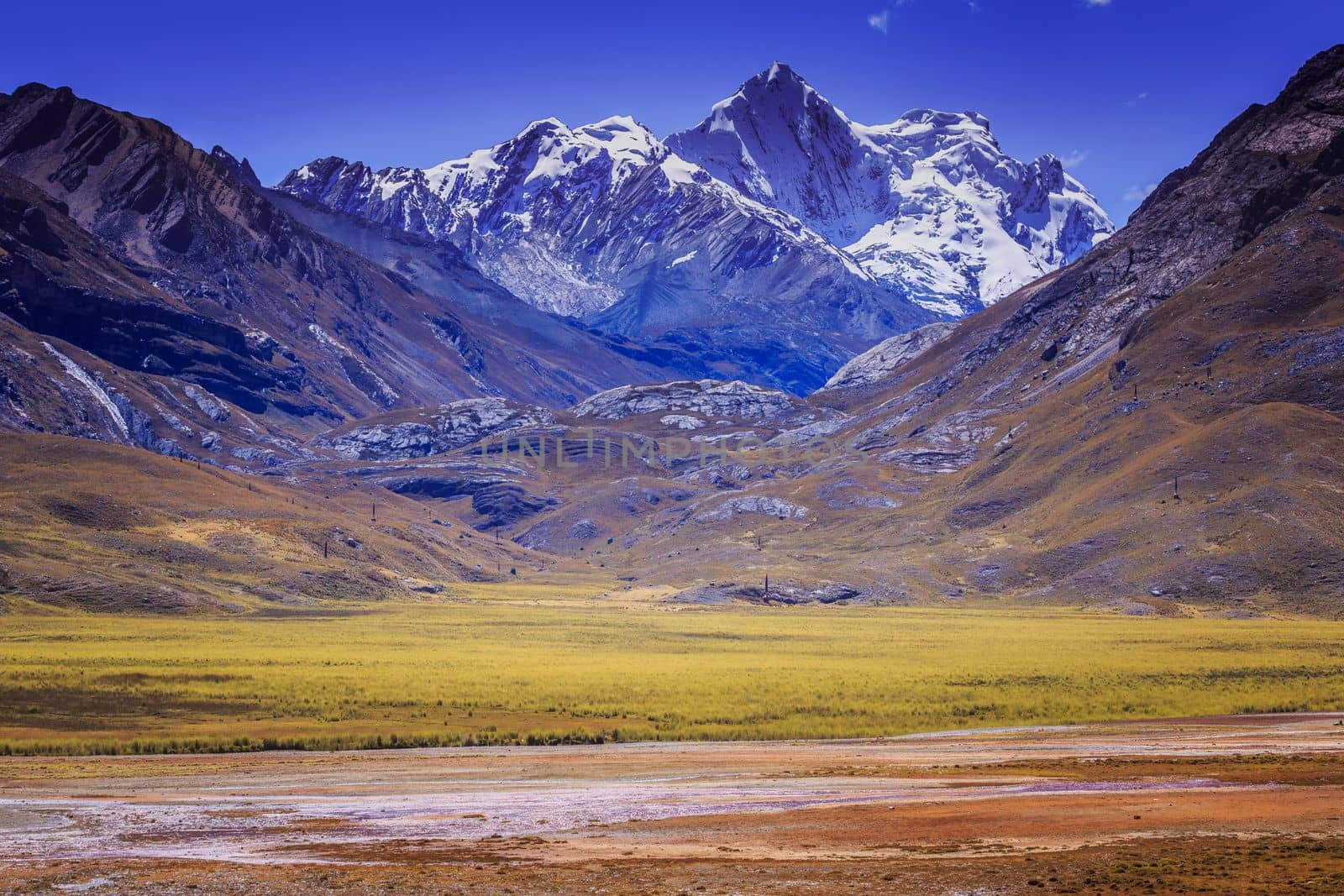 Turquoise laguna in Cordillera Blanca, snowcapped Andes, Ancash, Peru