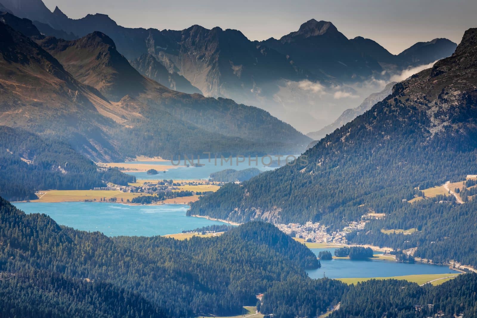 Panoramic view of St Moritz from Muottas Muragl of Upper Engadine, Graubunden, Switzerland