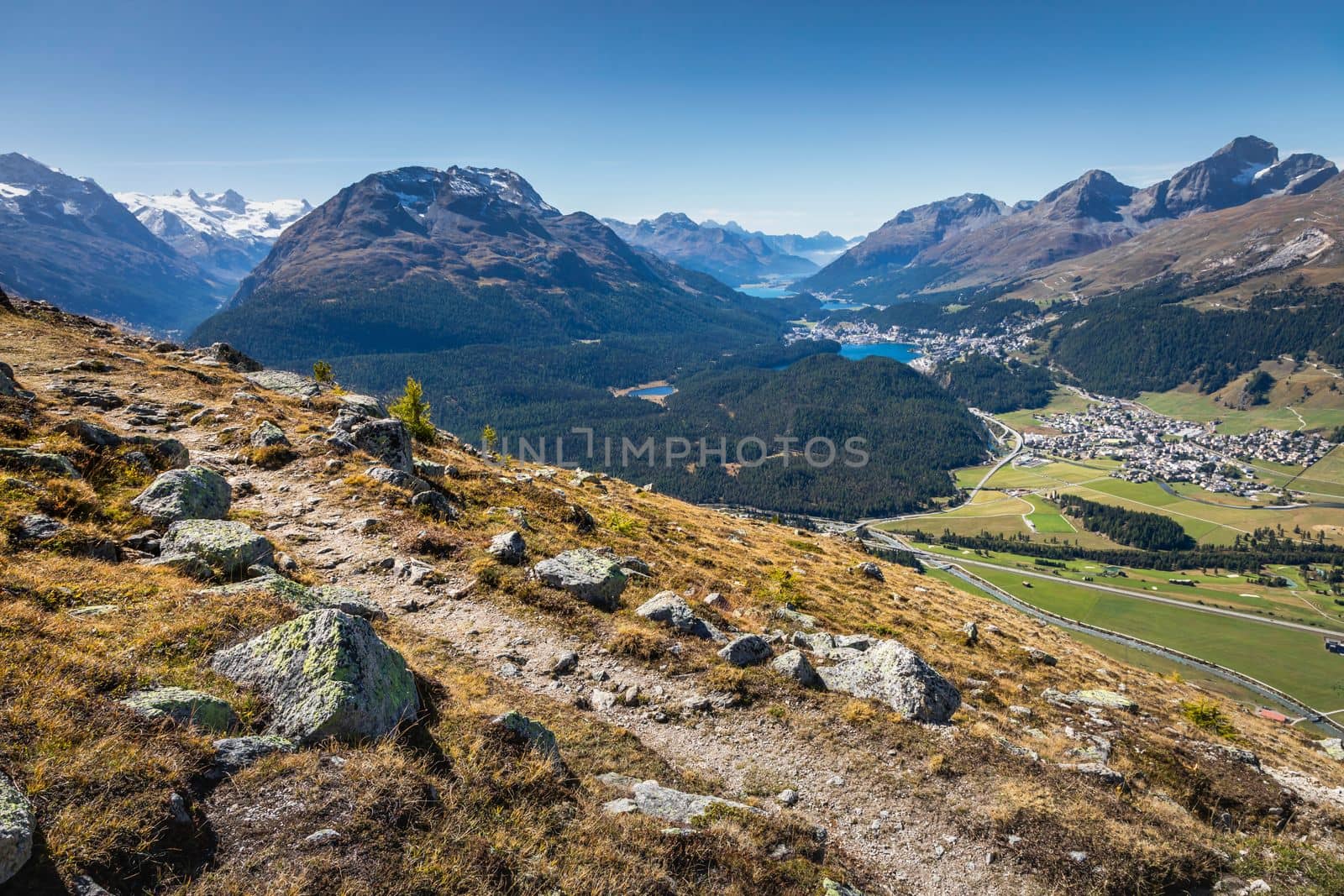 Panoramic view of St Moritz from Muottas Muragl of Upper Engadine, Graubunden, Switzerland