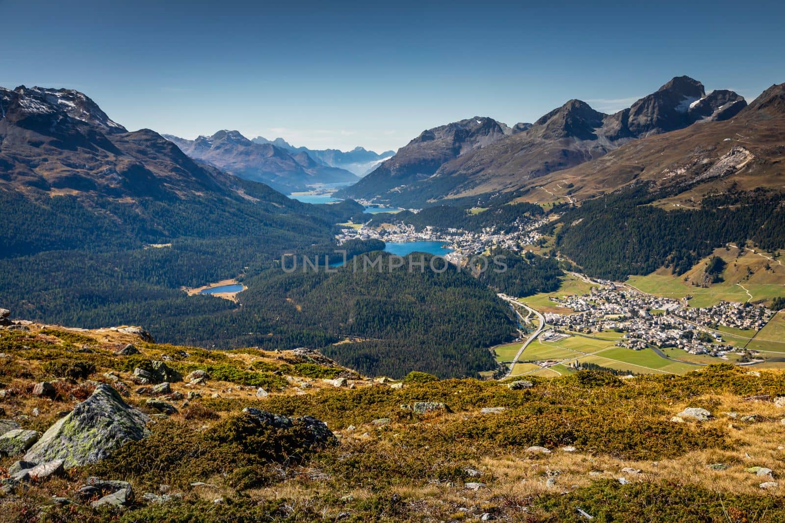Panoramic view of St Moritz from Muottas Muragl of Upper Engadine, Graubunden, Switzerland