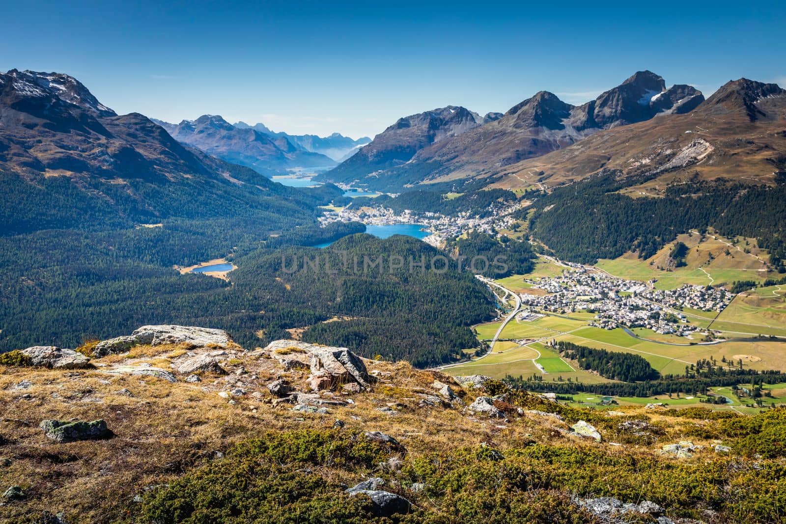 Panoramic view of St Moritz from Muottas Muragl of Upper Engadine, Graubunden, Switzerland