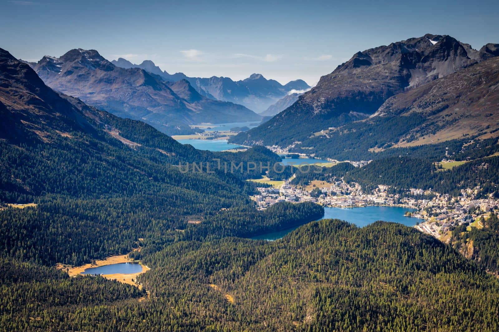 Panoramic view of St Moritz from Muottas Muragl of Upper Engadine, Graubunden, Switzerland