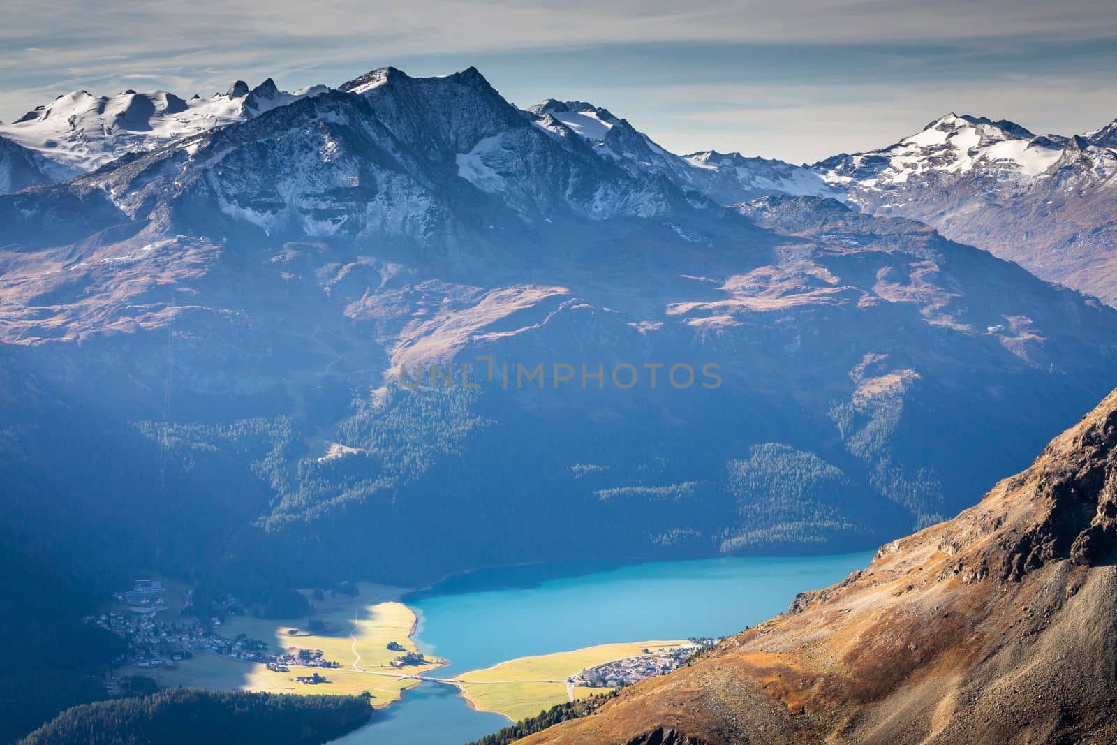Panoramic view of St Moritz from Muottas Muragl of Upper Engadine, Graubunden, Switzerland