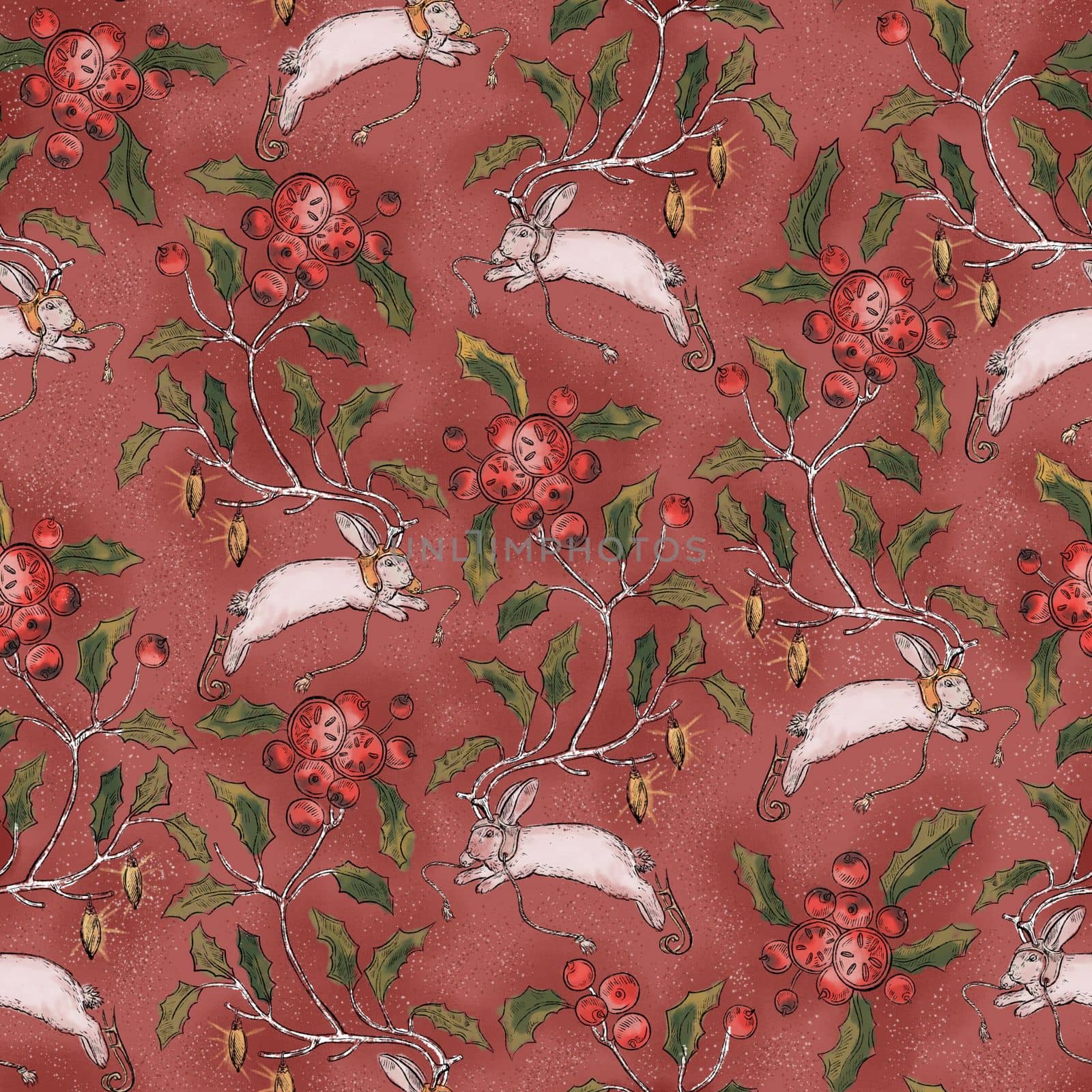 Trendy print with rabbits, hare, gifts, Christmas tree, flowers, snowflakes. Cute illustration of floral rabbits.