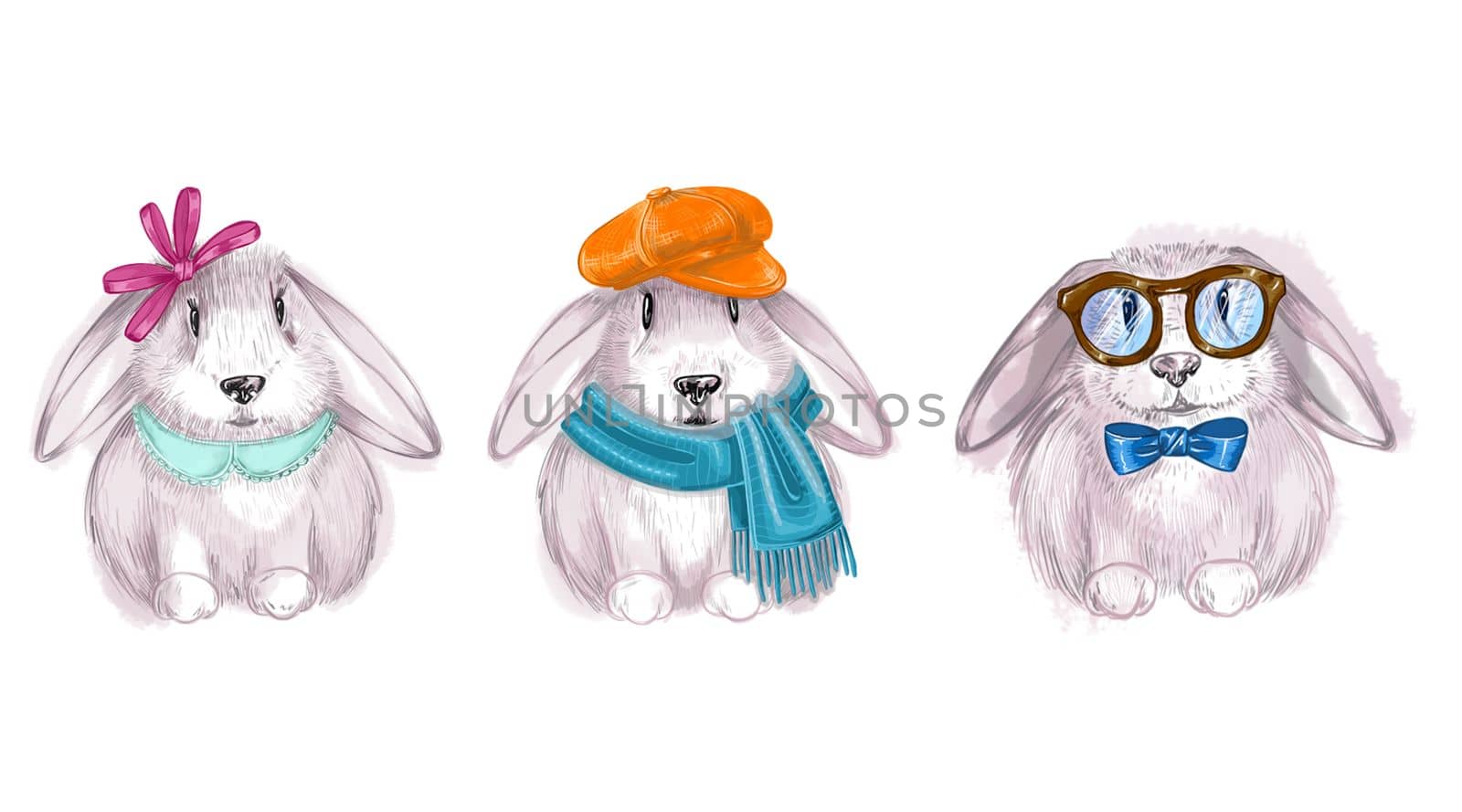 Cute rabbits set in glasses, scarf and bow. Artistic illustration isolated on white by fireFLYart