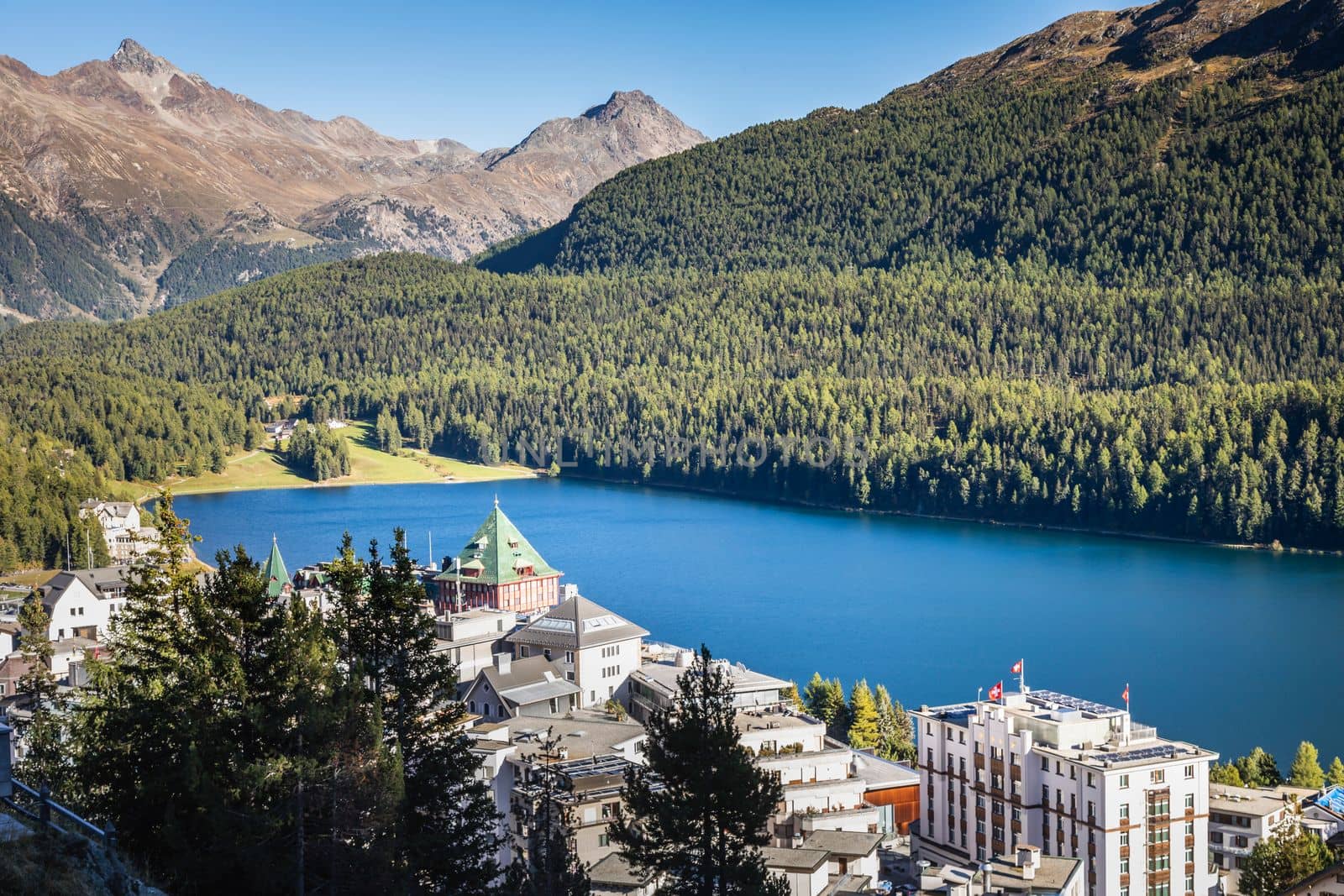 Sailing on St Moritz lake, view above Engadine alps, Graubunden , Switzerland