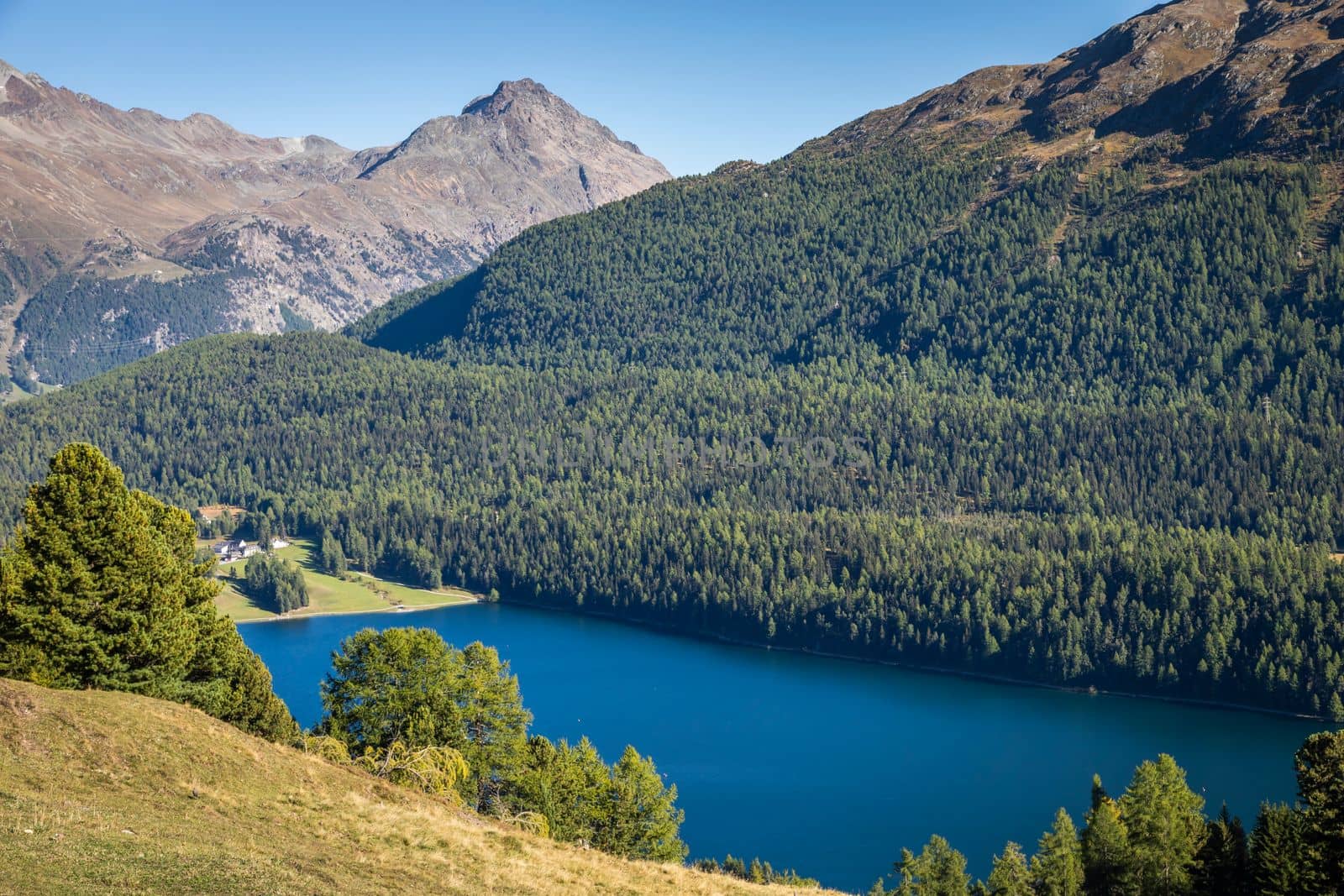 Panoramic view of St Moritz from Muottas Muragl of Upper Engadine, Graubunden, Switzerland