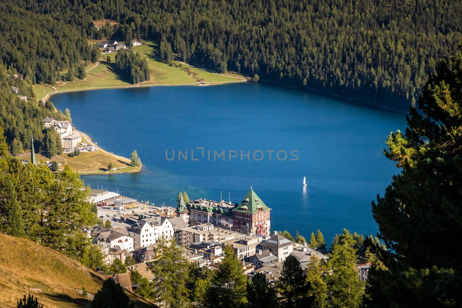 Sailing on St Moritz lake, view above Engadine alps, Graubunden , Switzerland