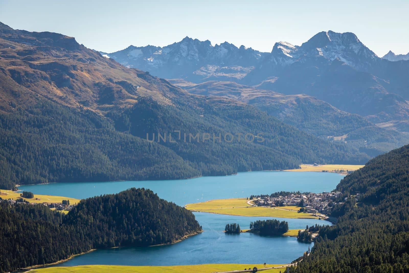 Panoramic view of Silvaplana, Sils and Maloja from Upper Engadine, Graubunden, Switzerland