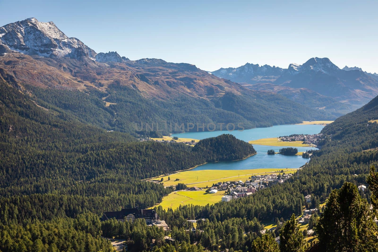Panoramic view of Silvaplana, Sils and Maloja from Upper Engadine, Graubunden, Switzerland