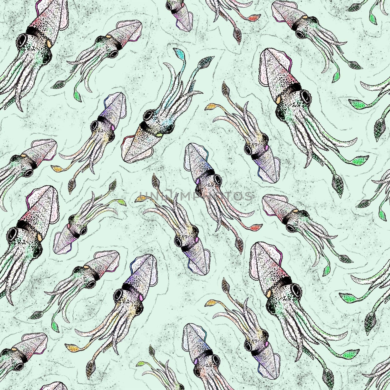 Squid pattern seamless. calamary background. Artistic illustration by fireFLYart