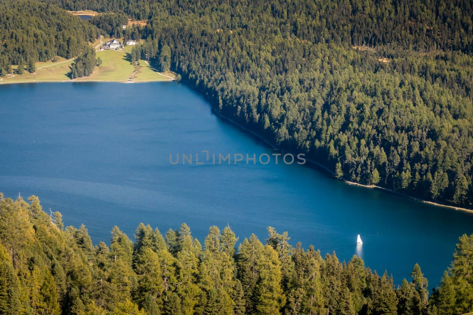 Sailing on St Moritz lake, view above Engadine alps, Graubunden , Switzerland