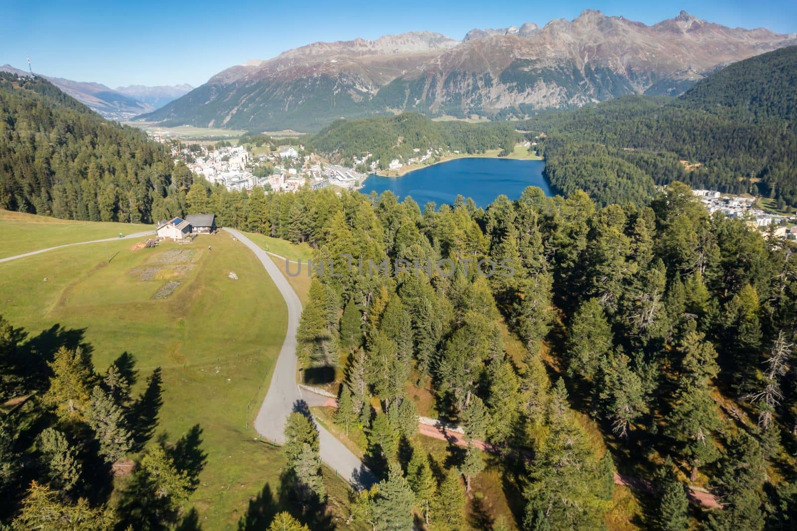 Panoramic view of St Moritz from Muottas Muragl of Upper Engadine, Graubunden, Switzerland