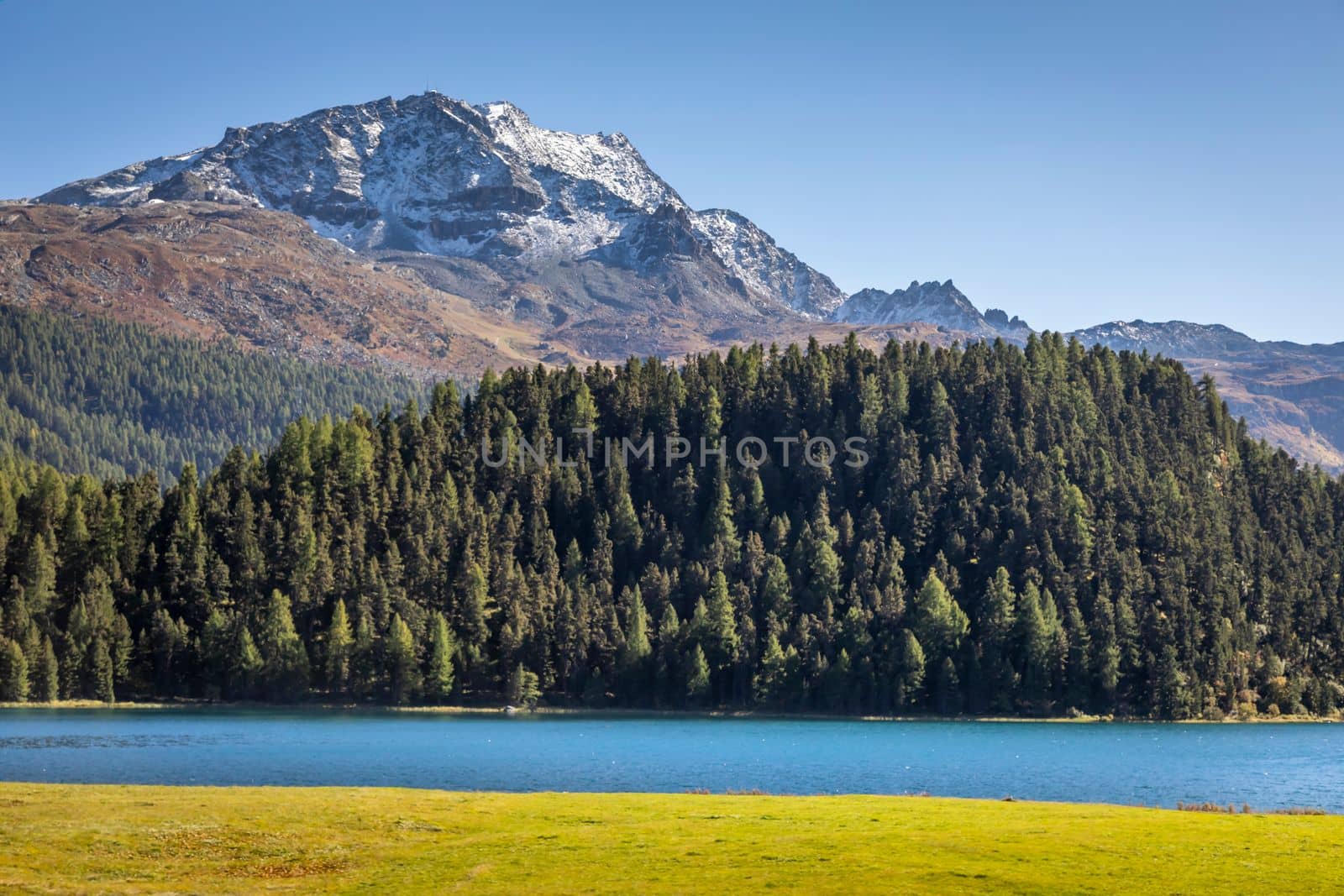 Panoramic view of Silvaplana, Sils and Maloja from Upper Engadine, Graubunden, Switzerland