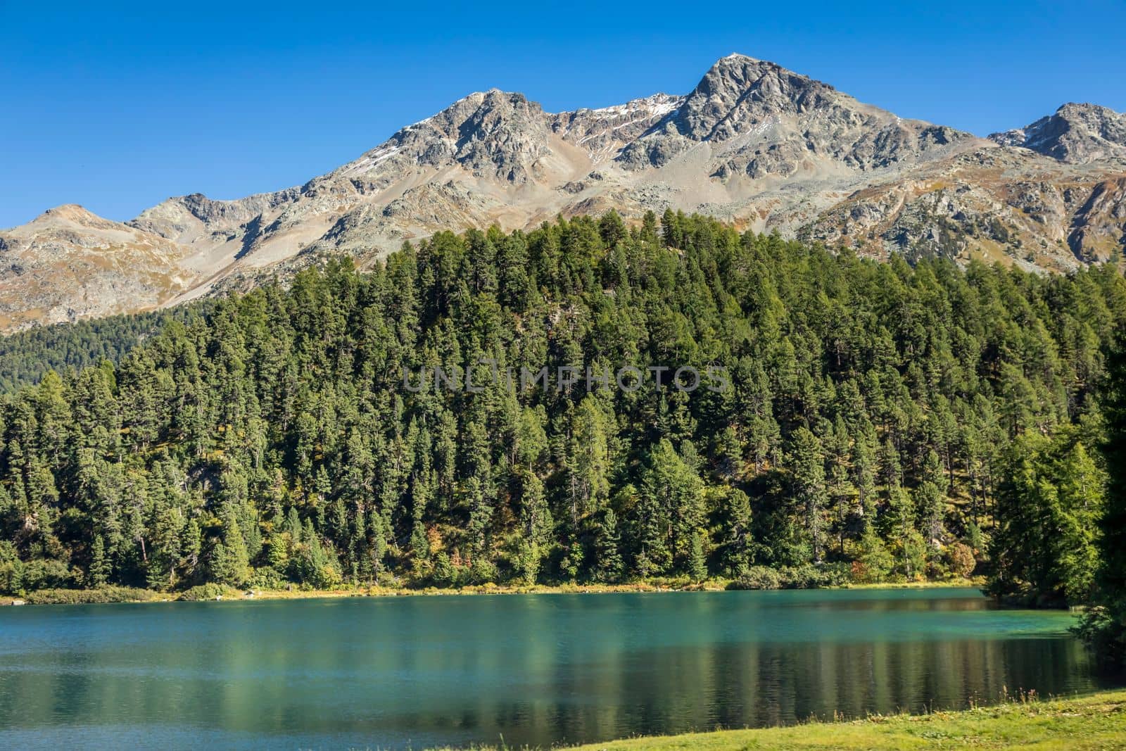Panoramic view of Silvaplana, Sils and Maloja from Upper Engadine, Graubunden, Switzerland