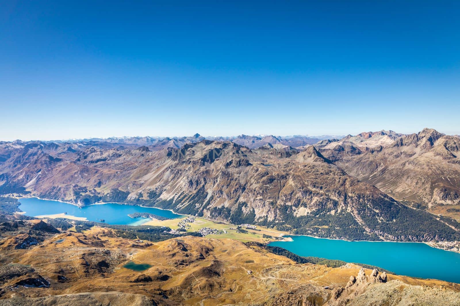 Above Silvaplana lake , Sils and Maloja from Piz Corvatsch, Upper Engadine, Graubunden, Switzerland