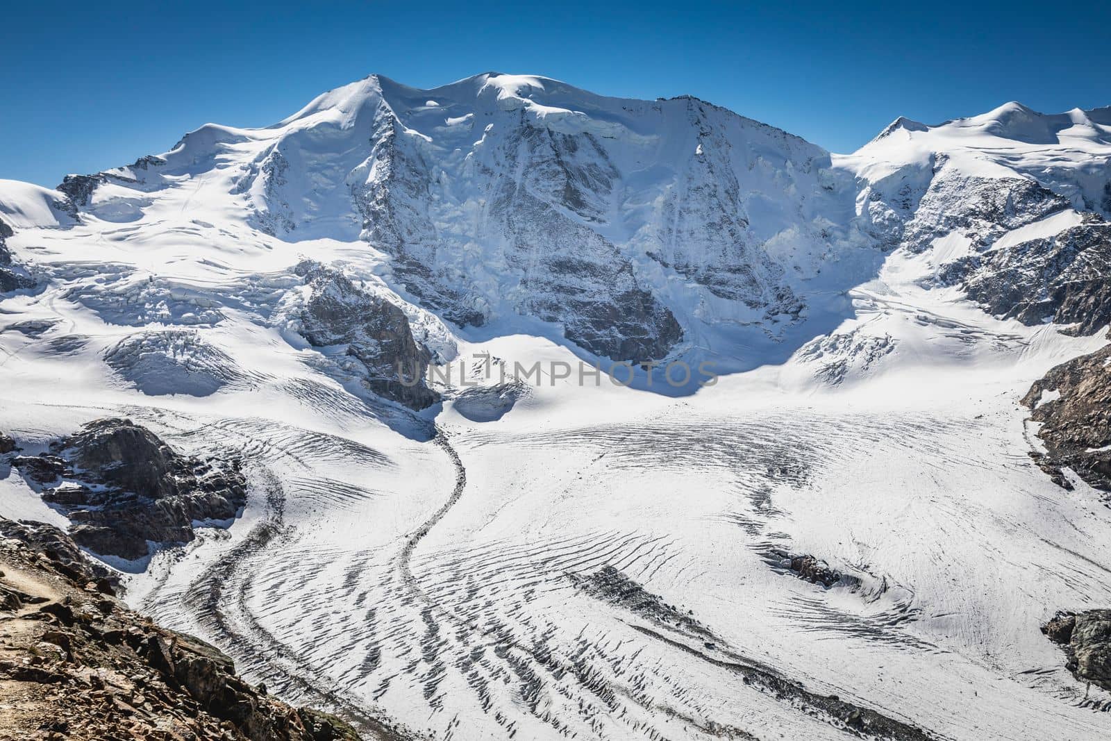 Bernina and Palu mountain range with glaciers in the Swiss Alps, Engadine, Switzerland