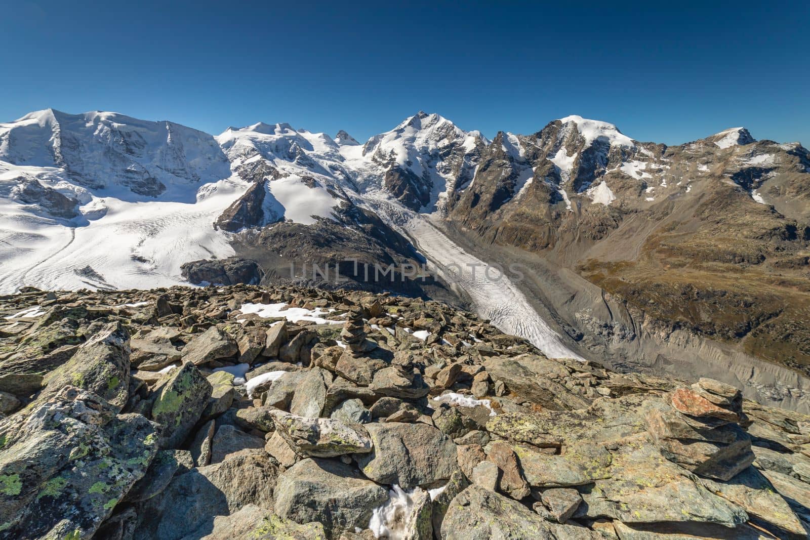 Bernina and Palu mountain range with glaciers in the Swiss Alps, Engadine, Switzerland