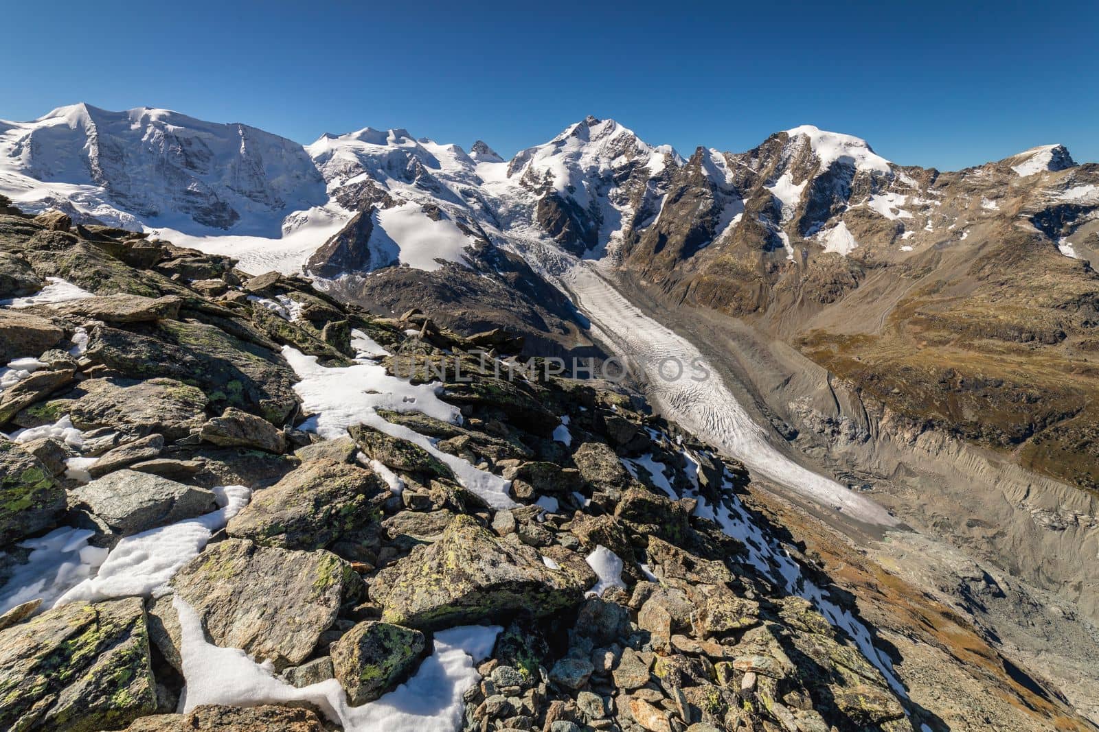 Bernina and Palu mountain range with glaciers in the Swiss Alps, Engadine, Switzerland