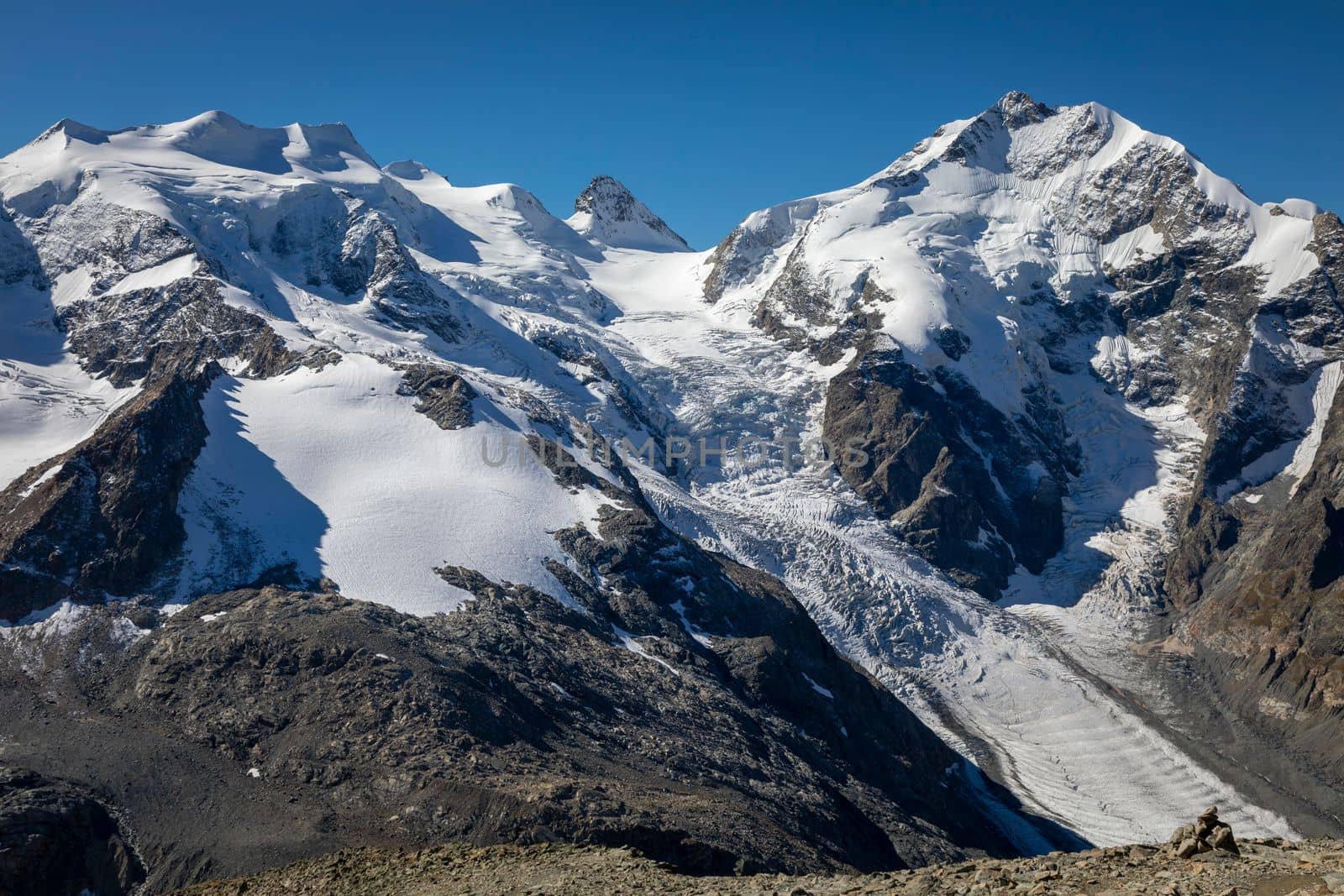 Bernina and Palu mountain range with glaciers in the Swiss Alps, Engadine, Switzerland