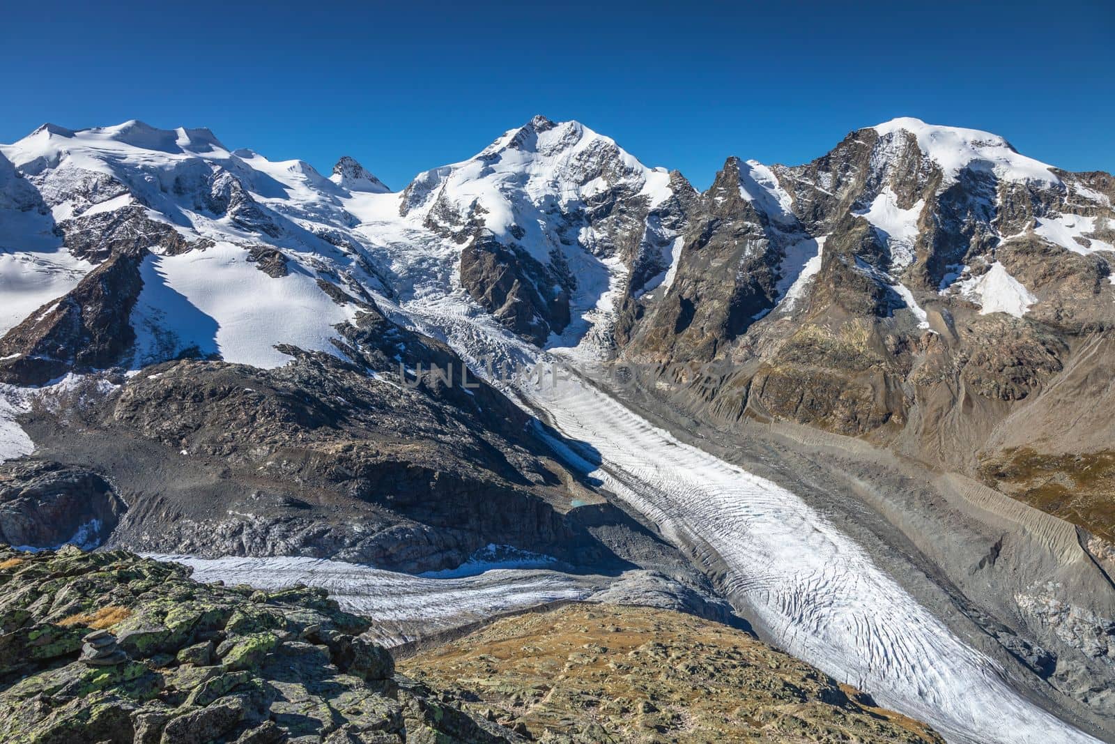Bernina and Palu mountain range with glaciers in the Swiss Alps, Engadine, Switzerland