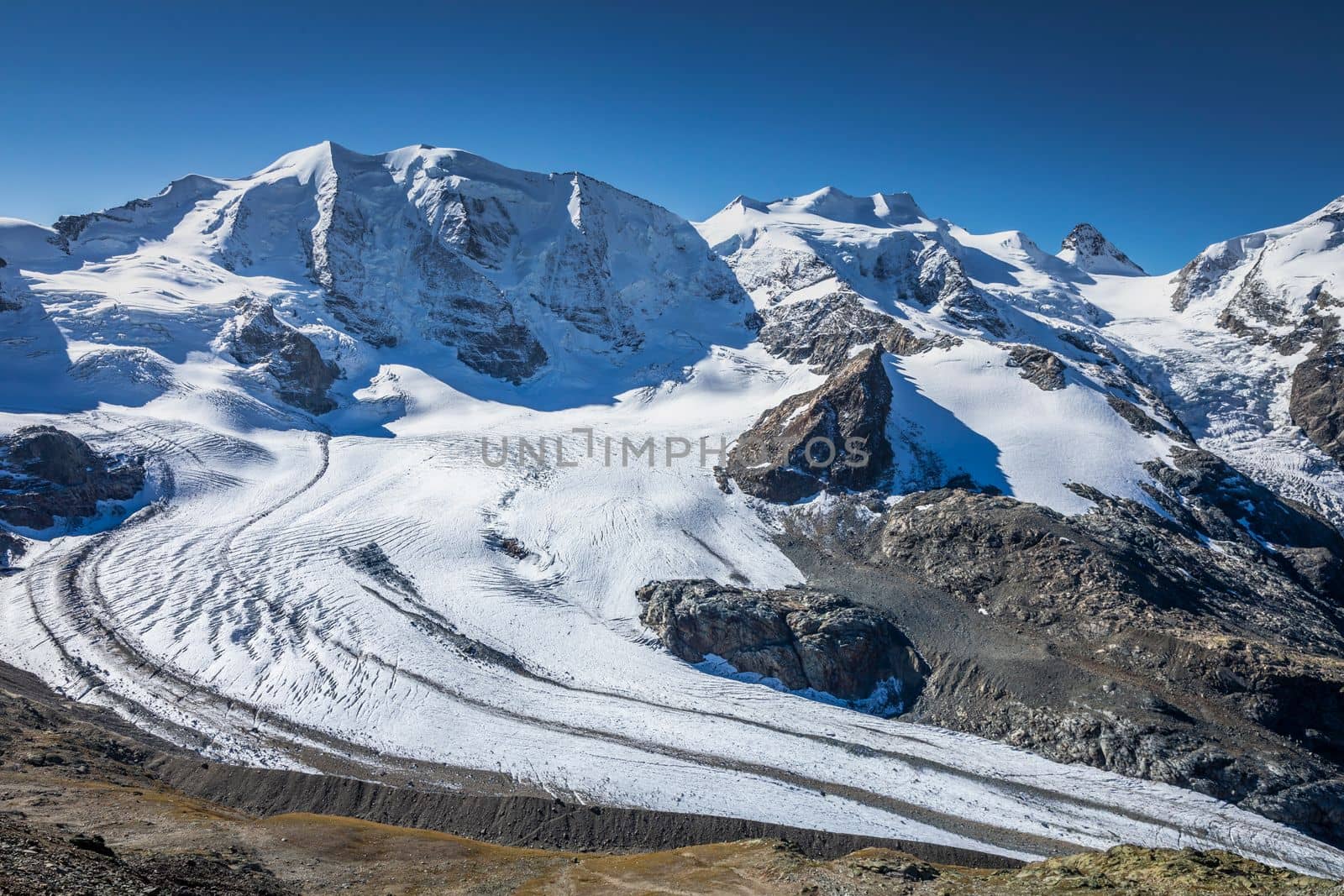 Bernina and Palu mountain range with glaciers in the Swiss Alps, Engadine, Switzerland