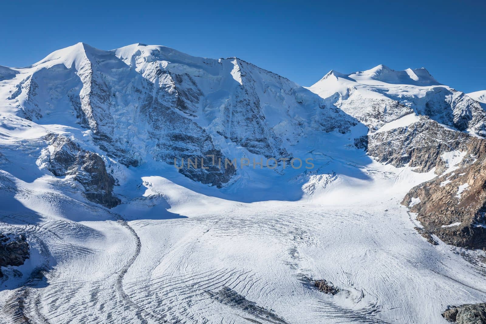Bernina and Palu mountain range with glaciers in the Swiss Alps, Engadine, Switzerland