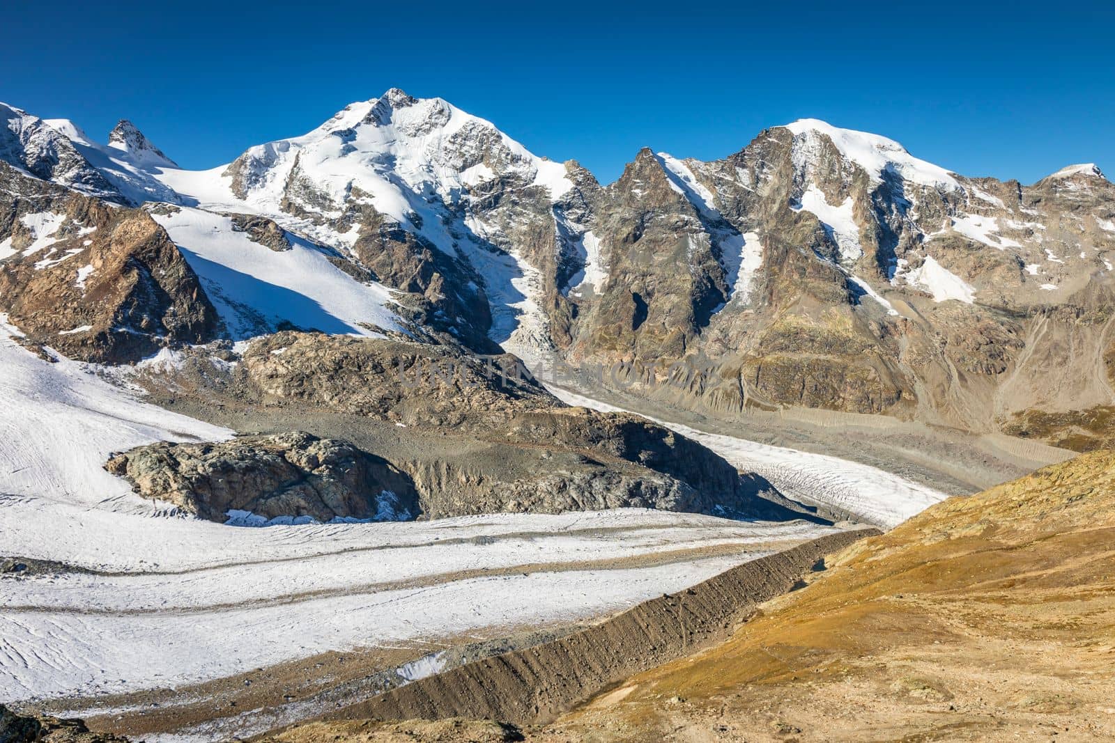 Bernina and Palu mountain range with glaciers in the Swiss Alps, Engadine, Switzerland