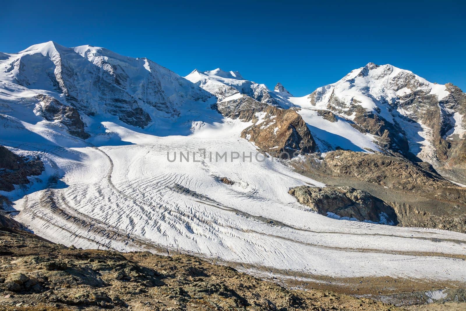 Bernina and Palu mountain range with glaciers in the Swiss Alps, Engadine, Switzerland