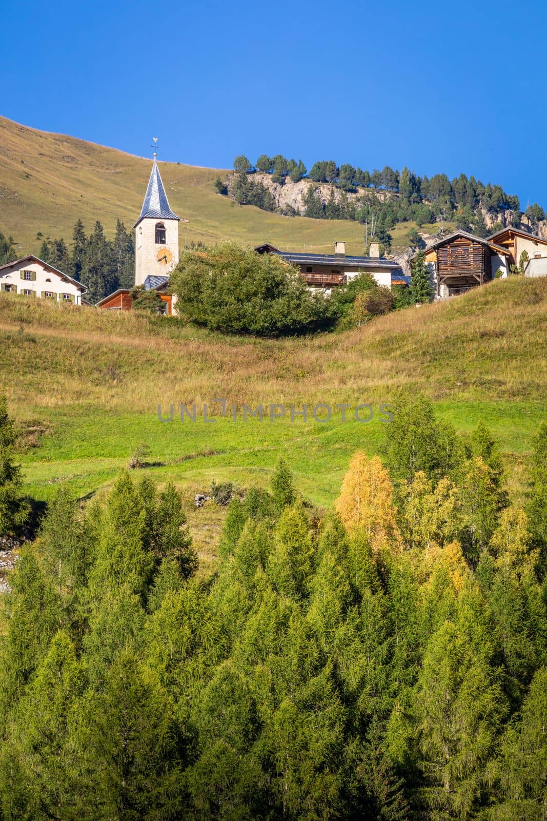 Idyllic landscape of Preda village in Engadine valley at springtime sunset, Swiss Alps, Switzerland