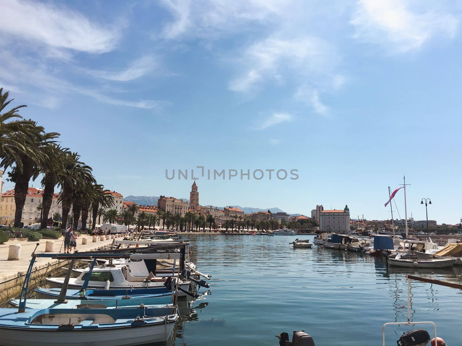 Beach views over the city of downtown Split in Croatia during the summer months in europe. High quality photo