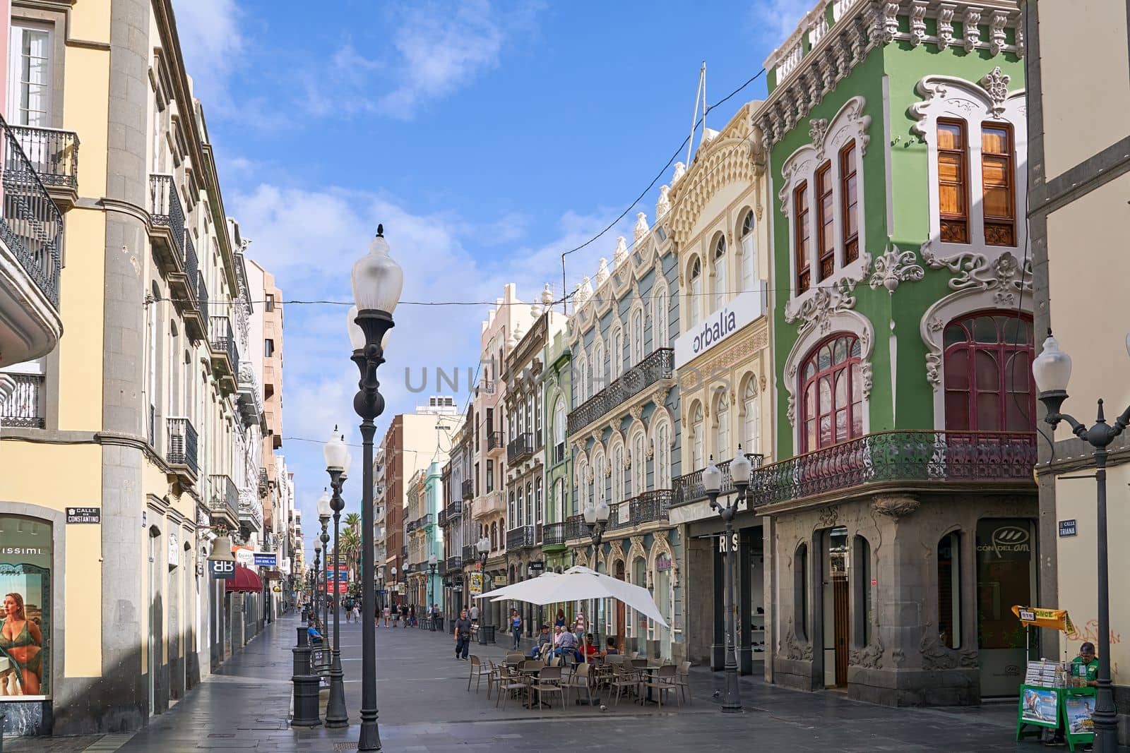 Las Palmas de Gran Canaria, Spain - September 18, 2022: Old buildings at the main shopping street Calle Triana