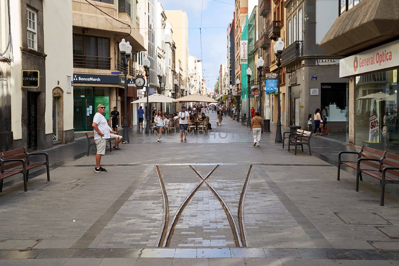 Las Palmas de Gran Canaria, Spain - September 18, 2022: Old train rails at the main shopping street Calle Triana