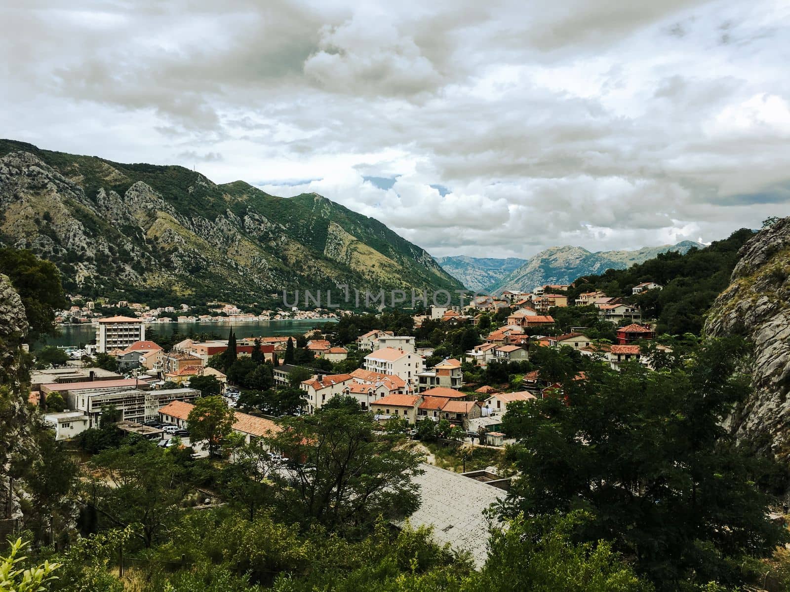 Views overlooking the city streets and waterfront of Kotor Montenegro in a european summer. High quality photo