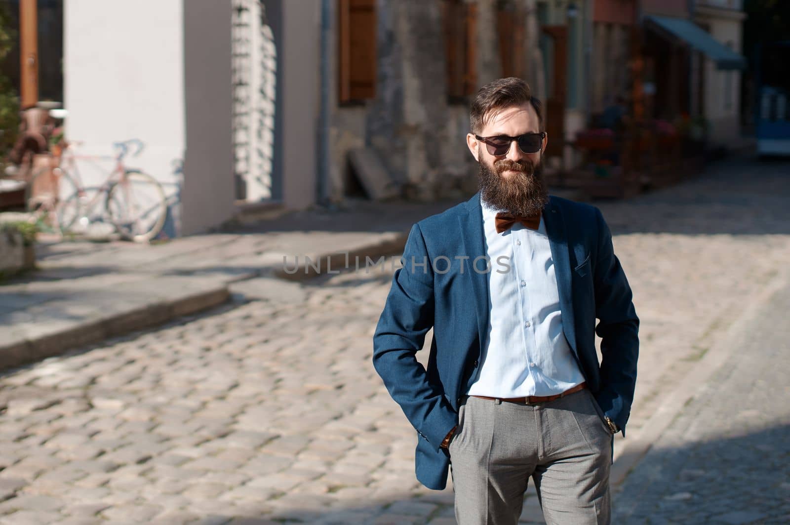 Stylish man with beard wearing a jacket, shirt and bow tie on a sunny day