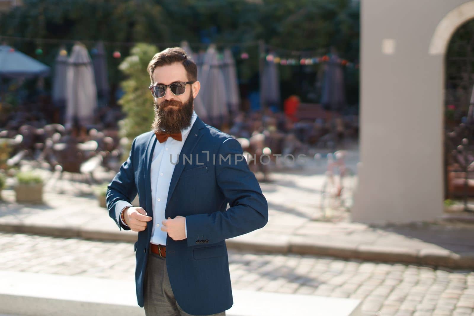 Stylish man with beard wearing a jacket, shirt and bow tie on a sunny day