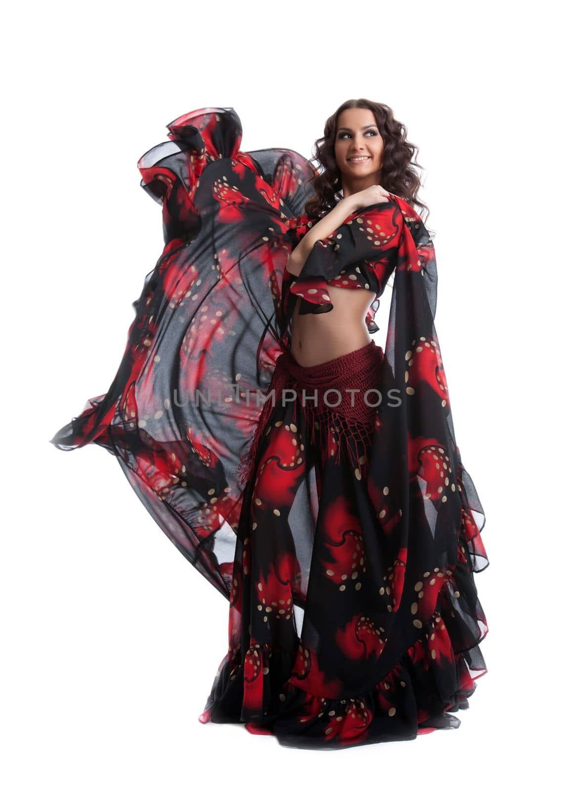 Woman dance in gypsy red and black costume isolated