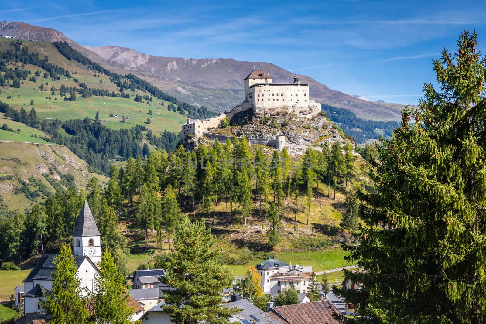 Idyllic landscape of Scuol Tarasp village at sunrise, Engadine, Swiss Alps, Switzerland