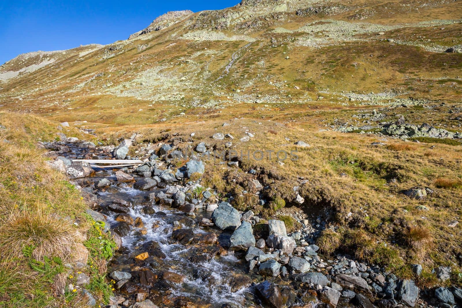 Alpine river in Fluela pass, Engadine Valley at sunrise, Graubunden alps, Grisons, Switzerland
