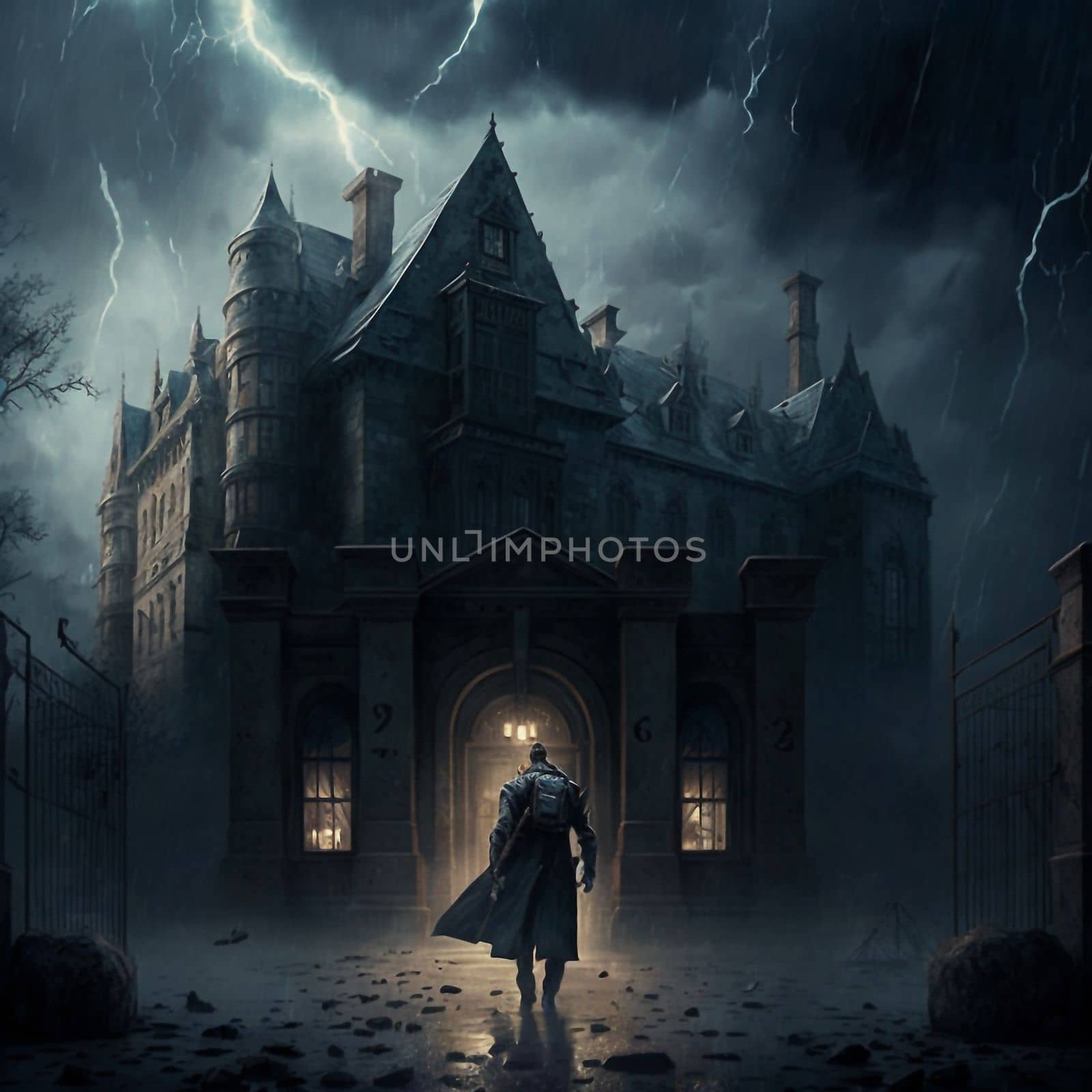 A man walking to a mysterious old castle on a stormy night. High quality illustration
