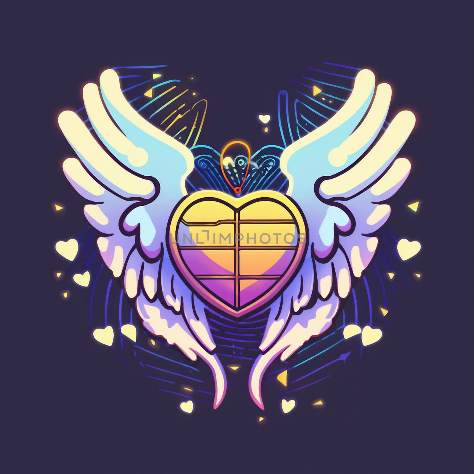 Cartoon graphic drawing of a singing heart with wings