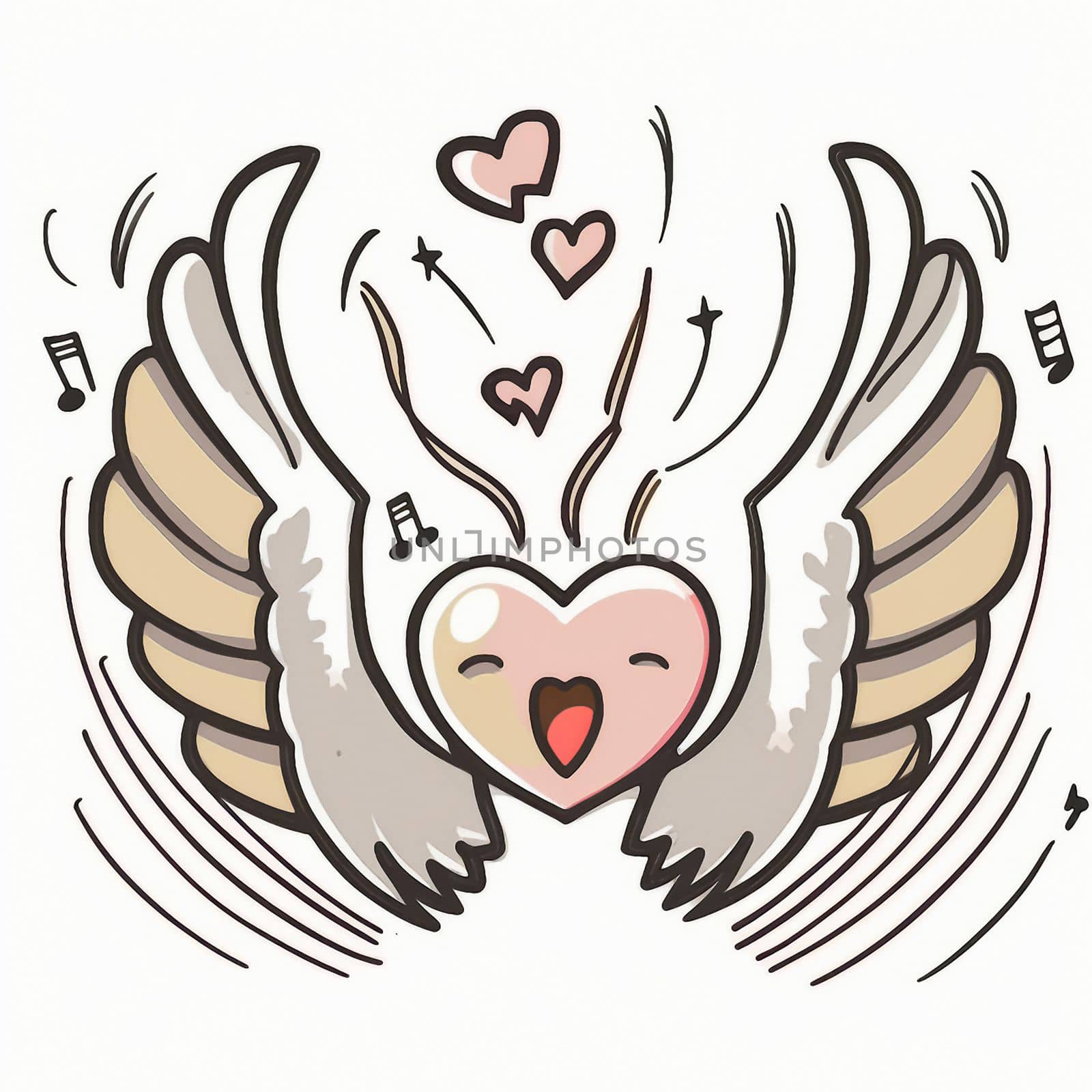 Cartoon graphic drawing of a singing heart with wings