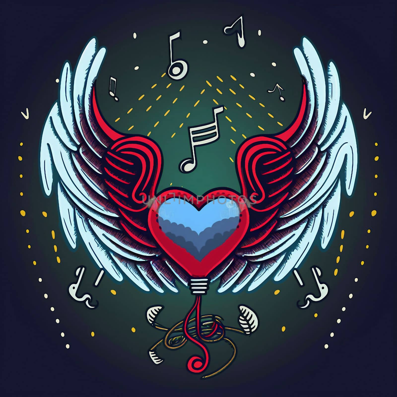 Cartoon graphic drawing of a singing heart with wings by NeuroSky