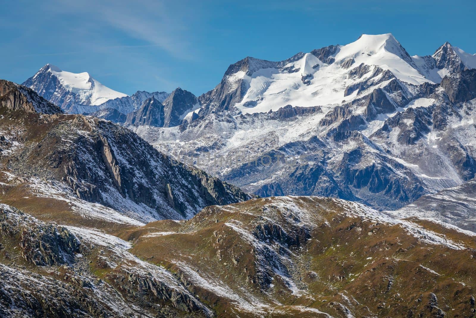 Dramatic snowcapped Bernese swiss alps seen from Nufenen Pass, Switzerland