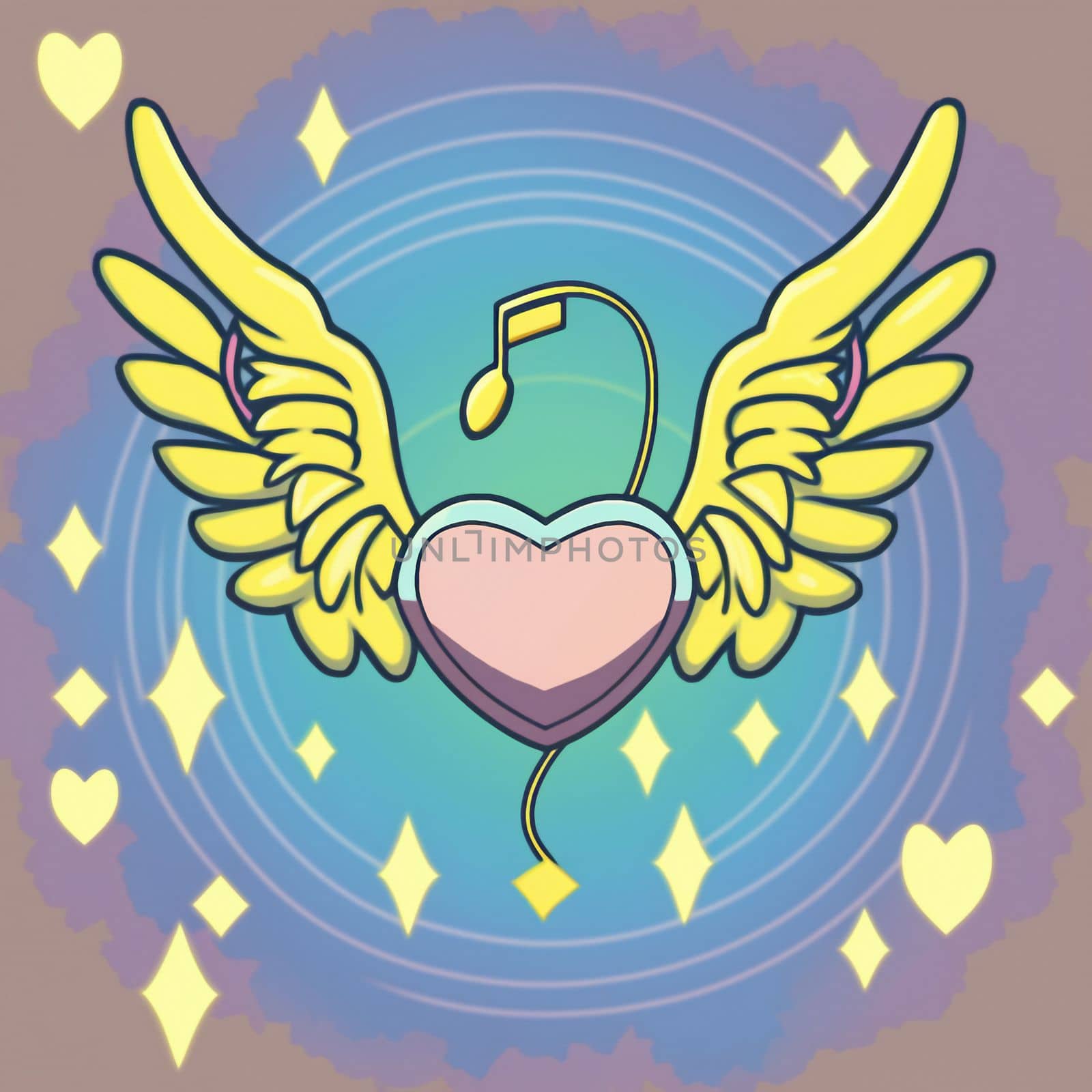 Cartoon graphic drawing of a singing heart with wings by NeuroSky