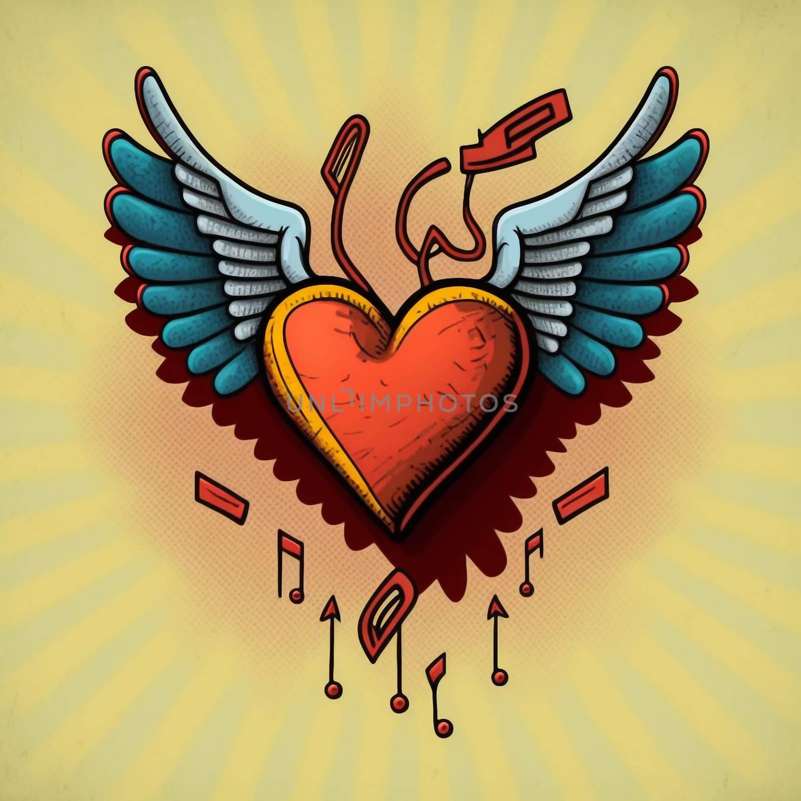 Cartoon graphic drawing of a singing heart with wings