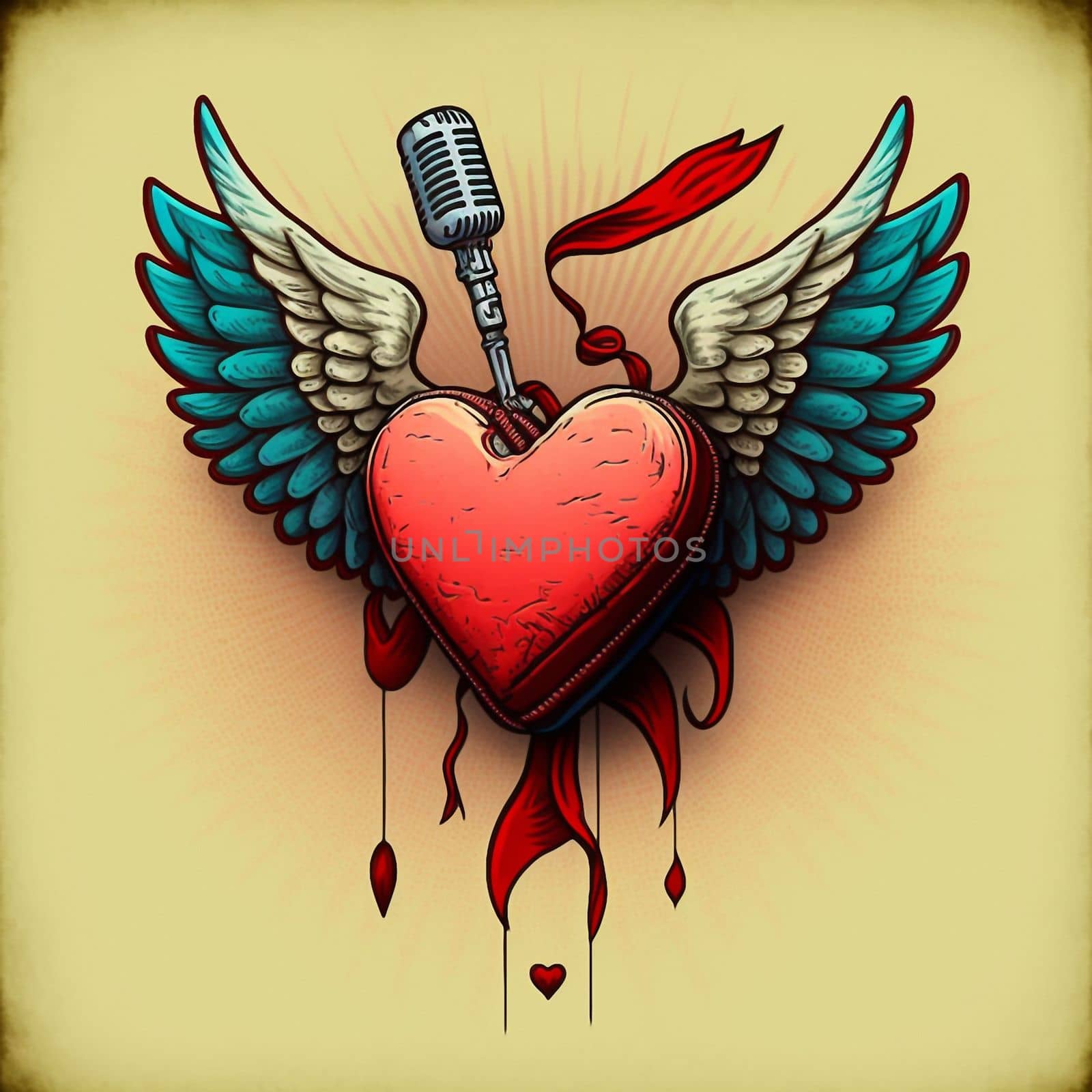 Cartoon graphic drawing of a singing heart with wings