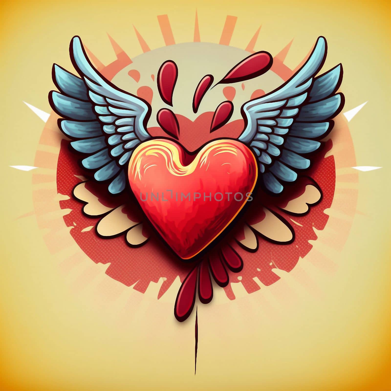 Cartoon graphic drawing of a singing heart with wings