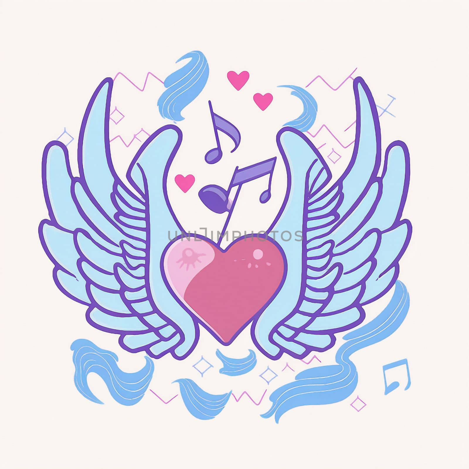 Cartoon graphic drawing of a singing heart with wings