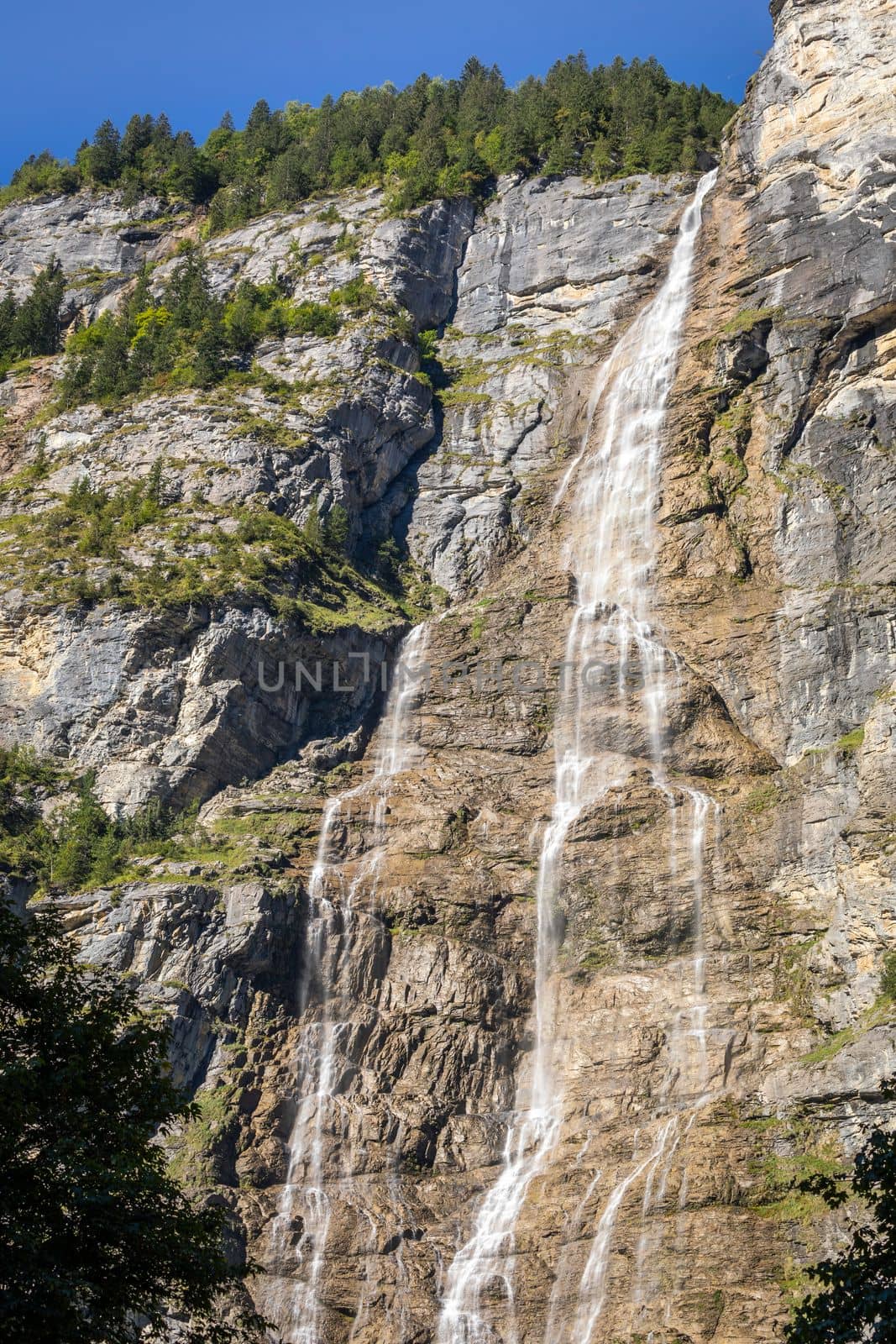 Staubbach Falls in Lauterbrunnen, Bernese Oberland region of Switzerland, Swiss alps